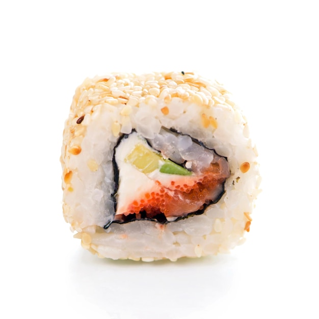 Sushi-Rollen Sushi-Rollen-Maki mit fliegendem Fisch, Kaviar, Garnelen, Lachs und Avocado Japanisches Essen
