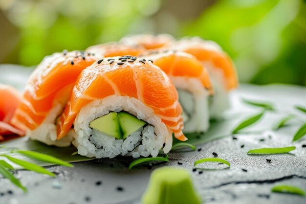 sushi con un rollo de arroz y una rebanada de salmón y una superposición profesional en la composición