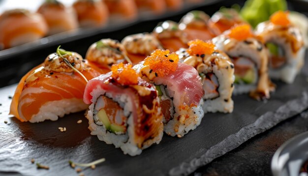 Foto sushi y rollos de sushi en un plato de pizarra