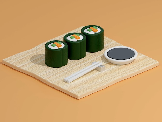 Sushi y rollos en una tabla de cortar de madera con palillos japoneses en la representación 3d de fondo