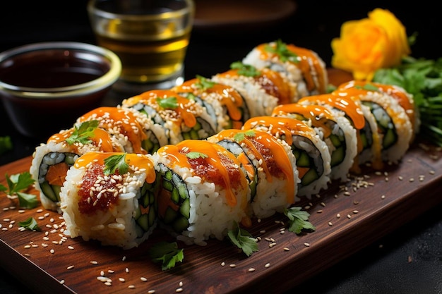 Foto sushi rollos de viaje con rebanadas de jalapeno