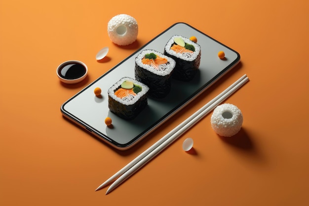 Sushi saboroso rola na tela do celular e pauzinhos na cor de fundo AI Generation