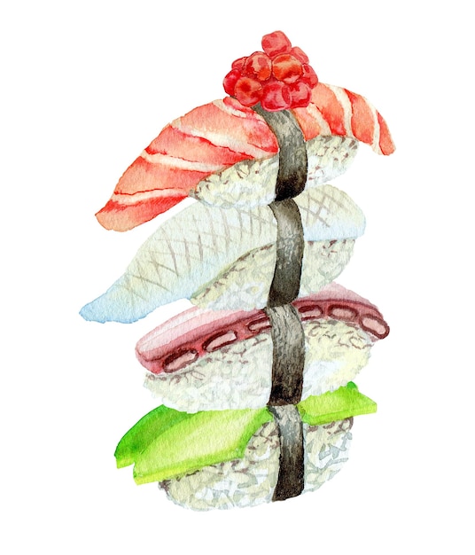 Sushi con salmón aguacate calamar caballa tentáculos atún mariscos pintados con acuarelas