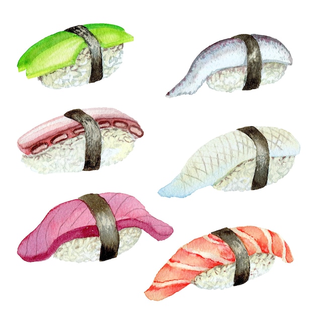 Sushi con salmón aguacate calamar caballa tentáculos atún mariscos pintados con acuarelas