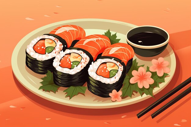 Sushi de salmón y camarón sobre un fondo naranja