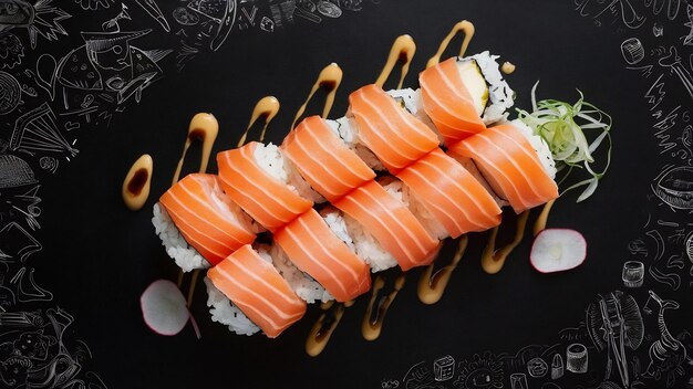 Sushi de salmón fresco en la pizarra