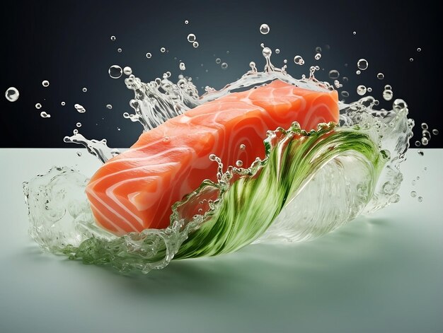 Foto sushi de salmón con salpicaduras de agua