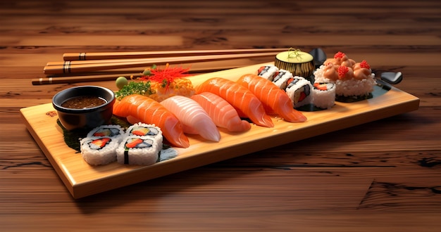 sushi y sashimi en un plato de madera