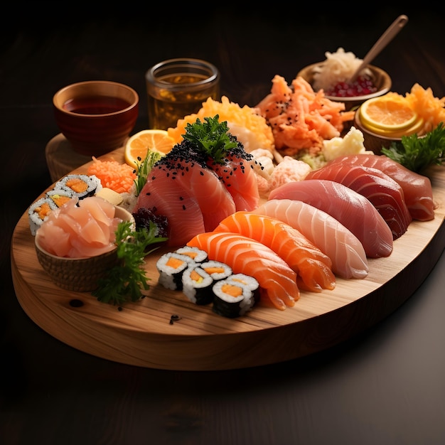 sushi y sashimi en un plato de madera