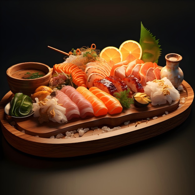 sushi y sashimi en un plato de madera