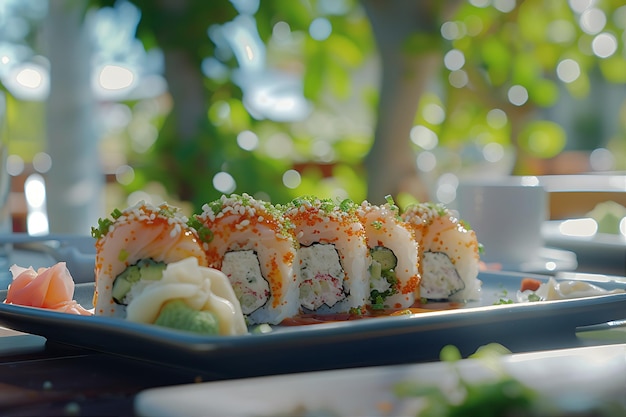Foto sushi servido ao ar livre em molho de mesa