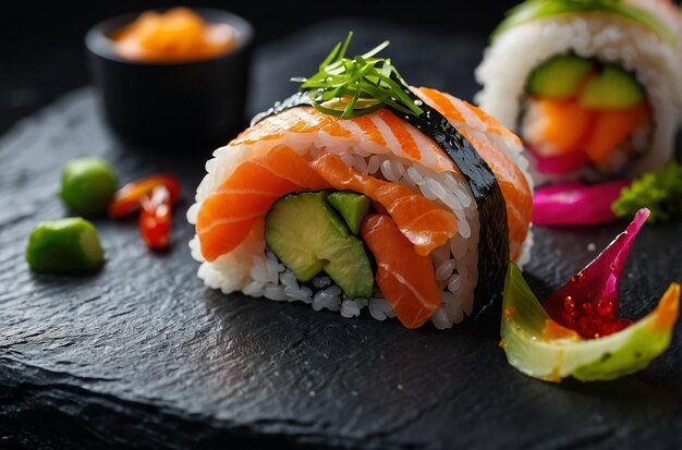 Sushi servido em uma ardósia preta com guarnições