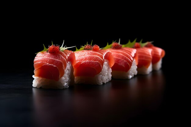 Sushi servido sobre un fondo negro con reflejo