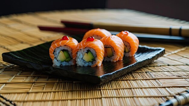 Sushi servido en una tradicional alfombra de sushi de bambú