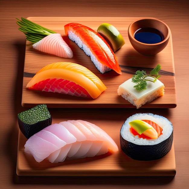 Sushi Set nigiri e rolos de sushi na tábua de madeira