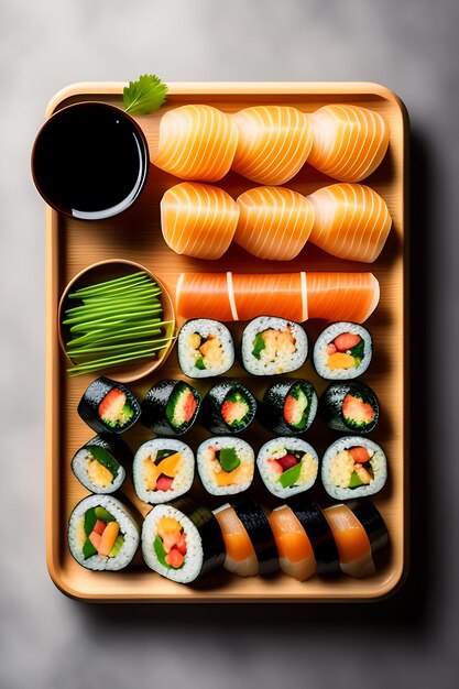 Sushi Set nigiri y rollos de sushi en tabla de servir de madera