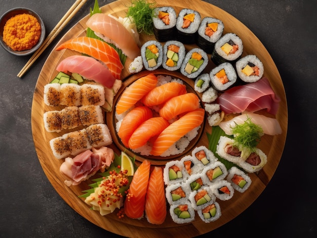 Foto sushi set nigiri rolos e sashimi servido no tradicional japão preto sushioke prato redondo em fundo escuro