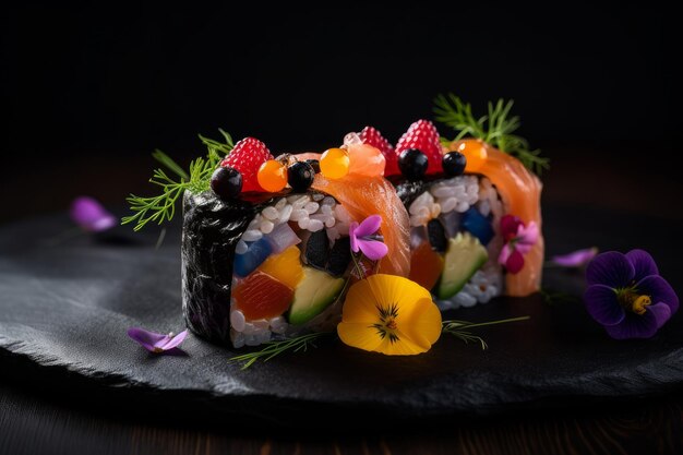 Sushi sobre fondo negro Ilustración AI Generativo