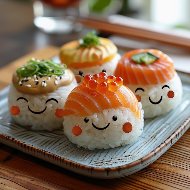 Sushi sorridente Uma deliciosa mistura de sabor e alegria Sushi adornado com rostos sorridente desenhado em arroz branco