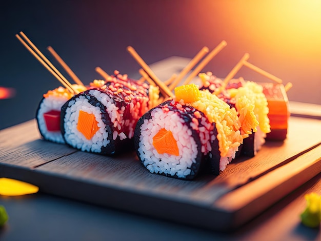 Sushi-Stücke mit Stäbchen helles Bild ai generativ