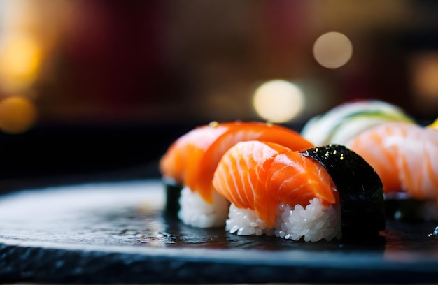 un sushi con sushi en una alfombra negra