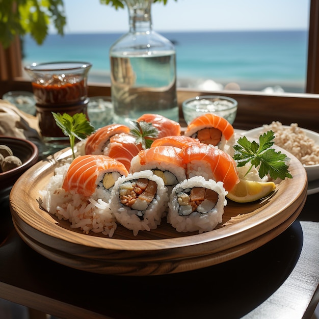 Sushi y sushi en una bandeja con una botella de agua.