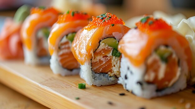 sushi en una tabla de bambú composición de comida japonesa