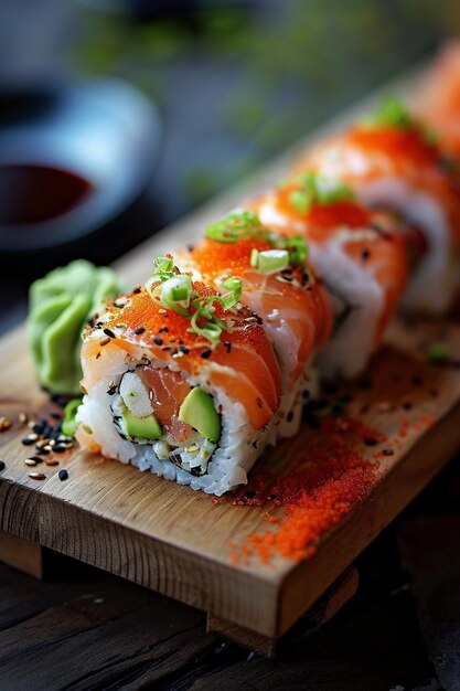 sushi en una tabla de bambú composición de comida japonesa