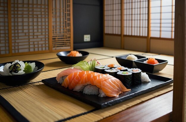 Foto sushi tradicional de la sala de tatami