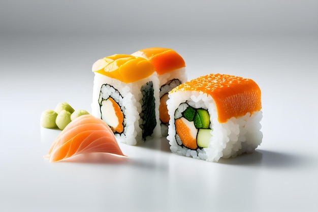 Foto un sushi y un trozo de salmón se sientan en una mesa.