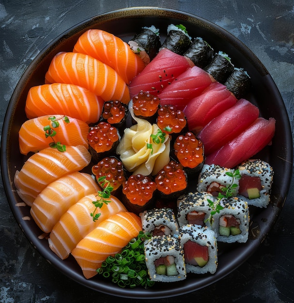 Sushi und Sashimi auf schwarzem Teller