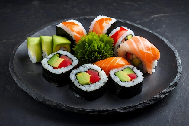 Sushi und Sashimi, kunstvoll auf einer Schieferplatte mit natürlichen Elementen und Garnituren präsentiert