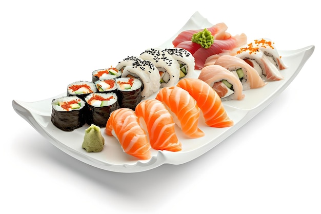 Sushi variado em um prato de barco branco deliciosa culinária japonesa ideal para menu gráficos closeup com fundo neutro AI