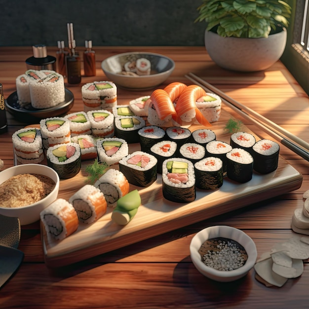 Sushi variado nigiri e maki big set em ardósia Uma variedade de sushi japonês com atum caranguejo salmão