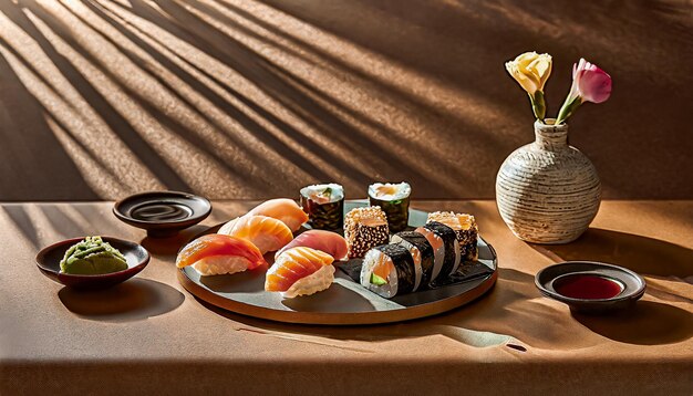 Foto sushi variado con la puesta de luz del sol en casa