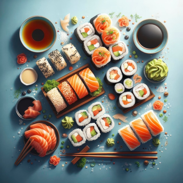Sushi-Werbung Hintergrund Japanisches Essen Sushi-Rollen mit Lachsen Maki Sushi-Rollen ai generative