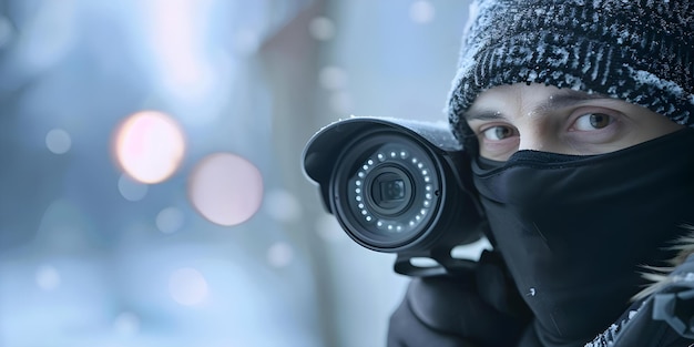 Foto suspeito com máscara preta apanhado pela câmara de vigilância a invadir uma residência privada.