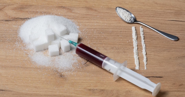 Foto sustancias adictivas el azúcar y la cocaína en una lista de lo que hace que el azúcar o la cocaína sean más adictivos