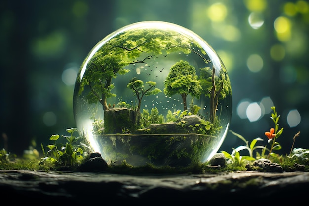 Sustentabilidade, ambiente natural na bola de cristal, aquecimento global, salve a terra