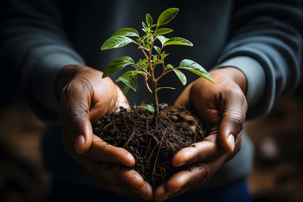 Sustentabilidade e ambiente com a mão e a planta