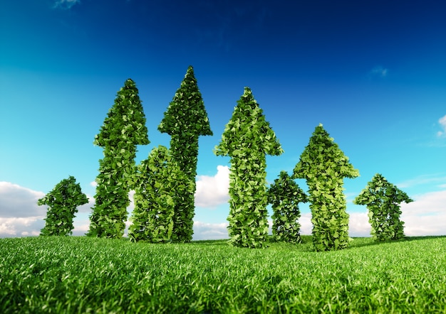 Sustentando o crescimento ecológico e o conceito de desenvolvimento sustentável. ilustração 3d de setas de folha verde crescendo de campo de grama fresca e apontando para cima para o céu azul.