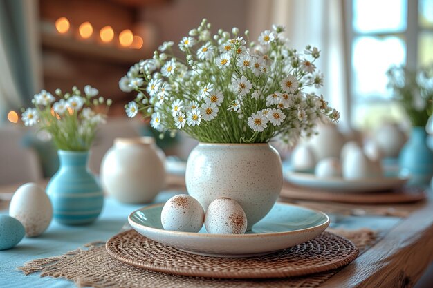 Foto susurra una naturaleza muerta de huevos de pascua manchados, flores y cerámicas texturizadas en lienzo de madera