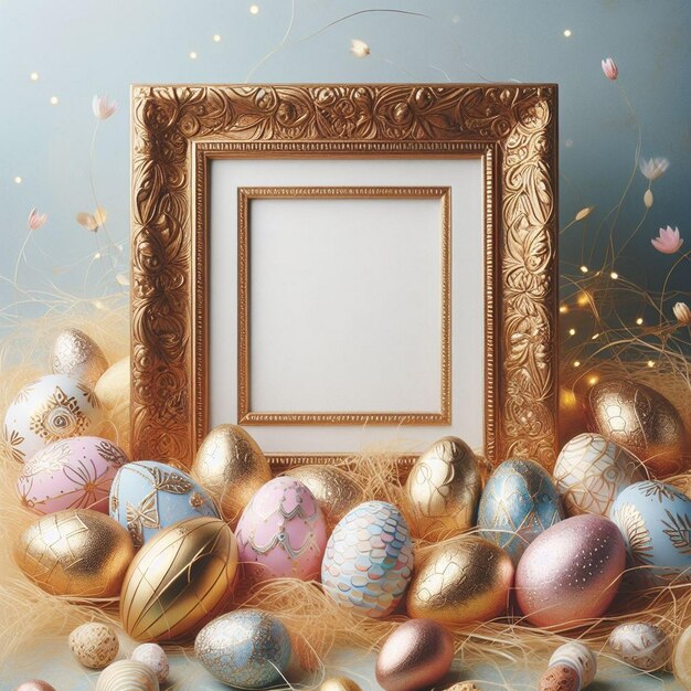 Los susurros dorados de Pascua el marco dorado de Pascua con hermosos huevos de Pascua