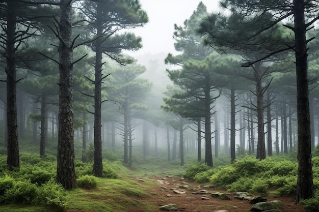 Susurros de la niebla Paisaje enigmático del bosque de pinos
