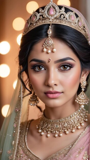 Foto susurros rosados desvanecidos retrato sereno de una novia india en un lehenga rosa sutil que emana encanto vintage y gracia nupcial generativa ai