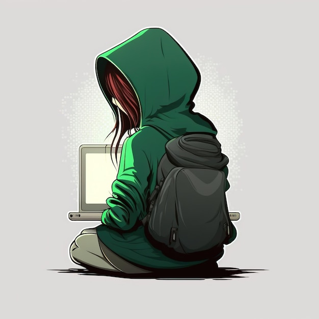 Foto sute girl hacker com laptop avatar em estilo cartoon ai gerado