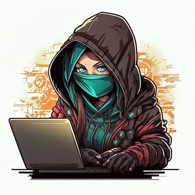 Sute girl hacker con laptop Avatar en estilo de dibujos animados Generado Ai