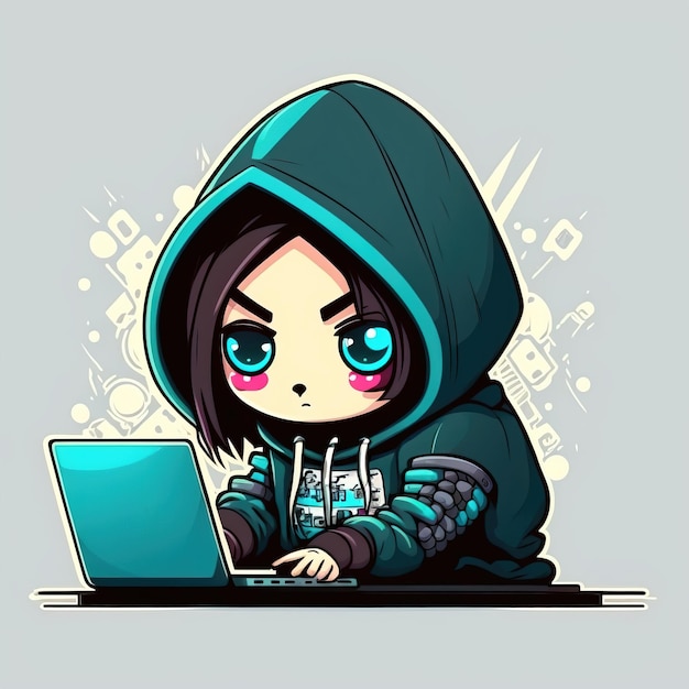 Sute girl hacker con laptop Avatar en estilo de dibujos animados Generado Ai