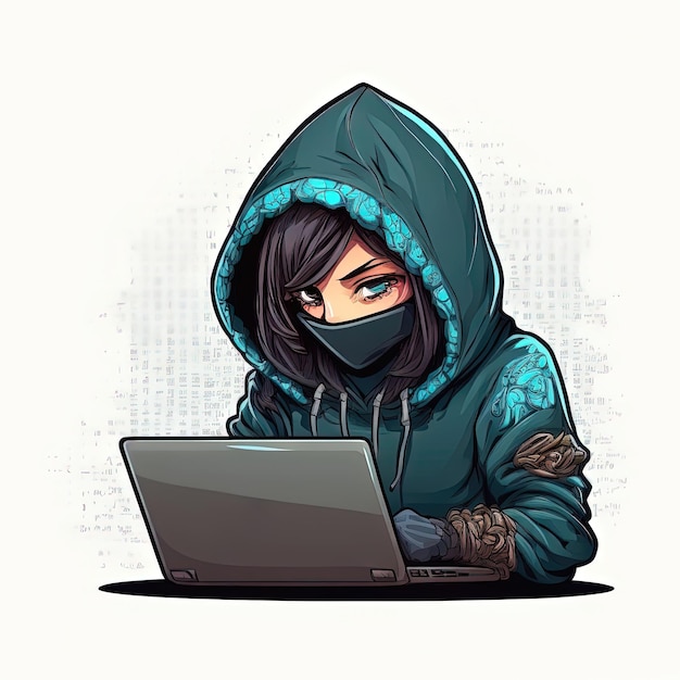 Foto sute girl hacker con laptop avatar en estilo de dibujos animados generado ai