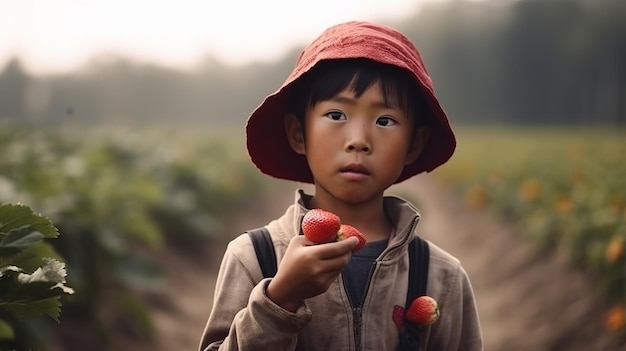 Sute kleiner chinesischer Bauer ist sehr glücklich, eine sehr große Erdbeere in der Hand zu halten